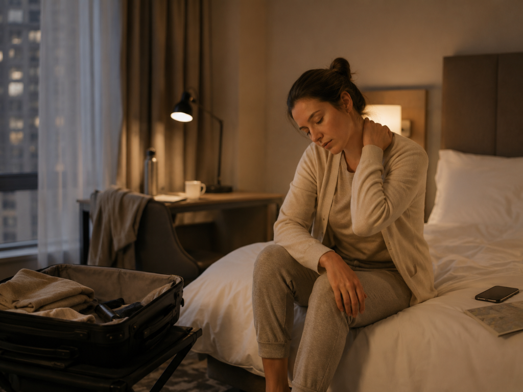 Traveler sitting on a hotel bed in the evening after a long day of travel, gently holding their neck beside an open suitcase in a softly lit hotel room